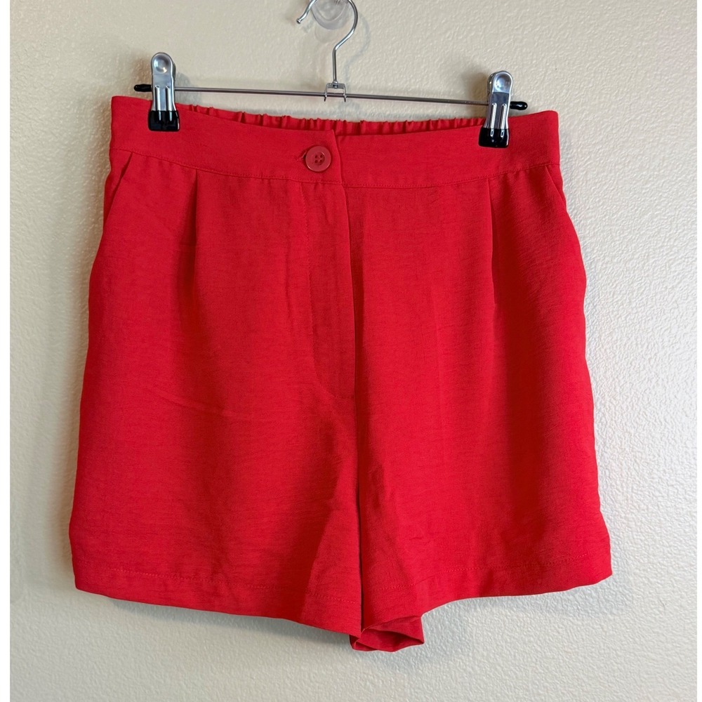Zenana Womens Red High Waisted Shorts Medium Elastic Back Pockets New
